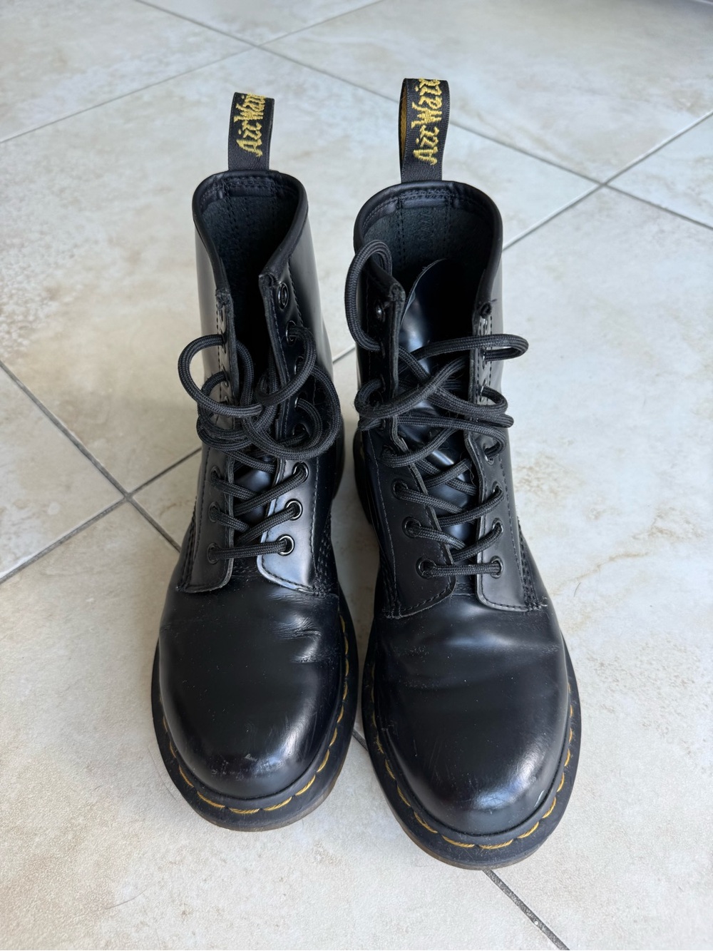 Dr. Martens Black Leather Lace-Up Boots with Yellow Stitching